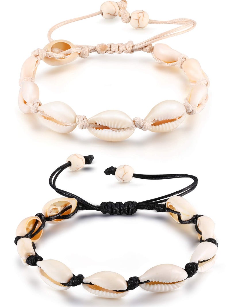 meekoo 2 Pieces Natural Cowrie Shell Anklet Seashell Crochet Ankle Bracelet Handmade Boho Shell Bead Anklet Adjustable Anklet Jewelry for Women Girls Hawaii Beach Parties - Image 1